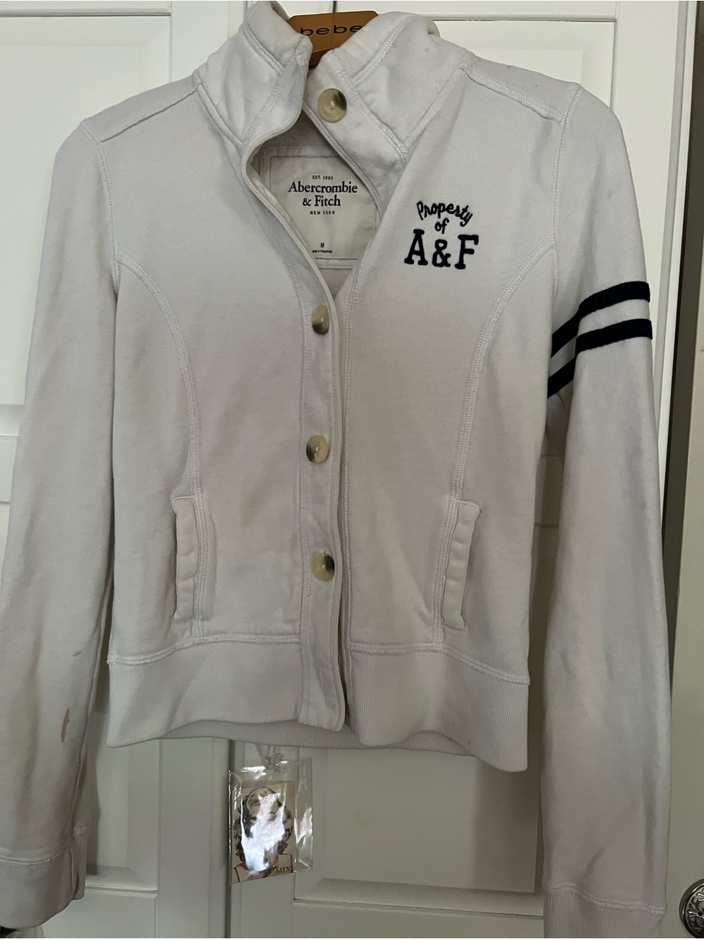FREE w purchase💕Abercrombie & Fitch White Varsity Button Jacket with Navy Strips